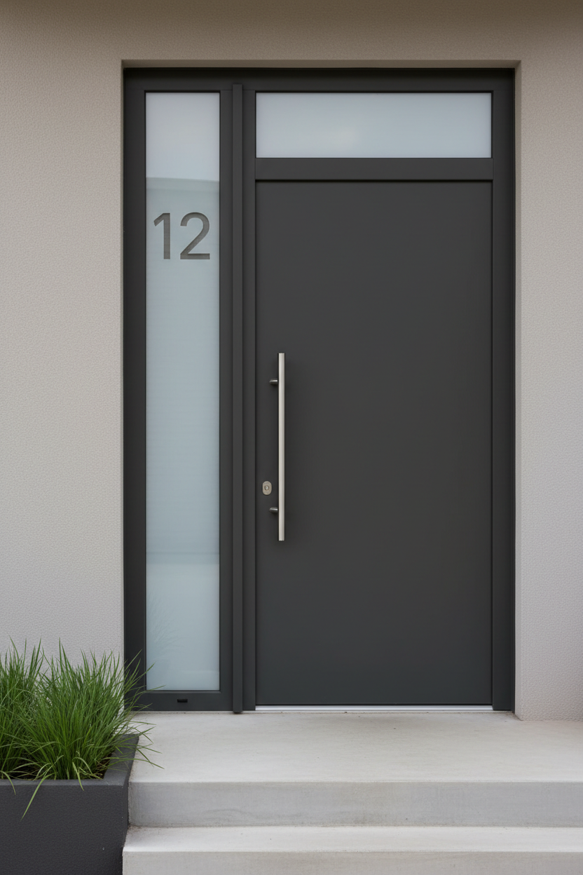 Deur met langwerpig glas en huisnummer 12